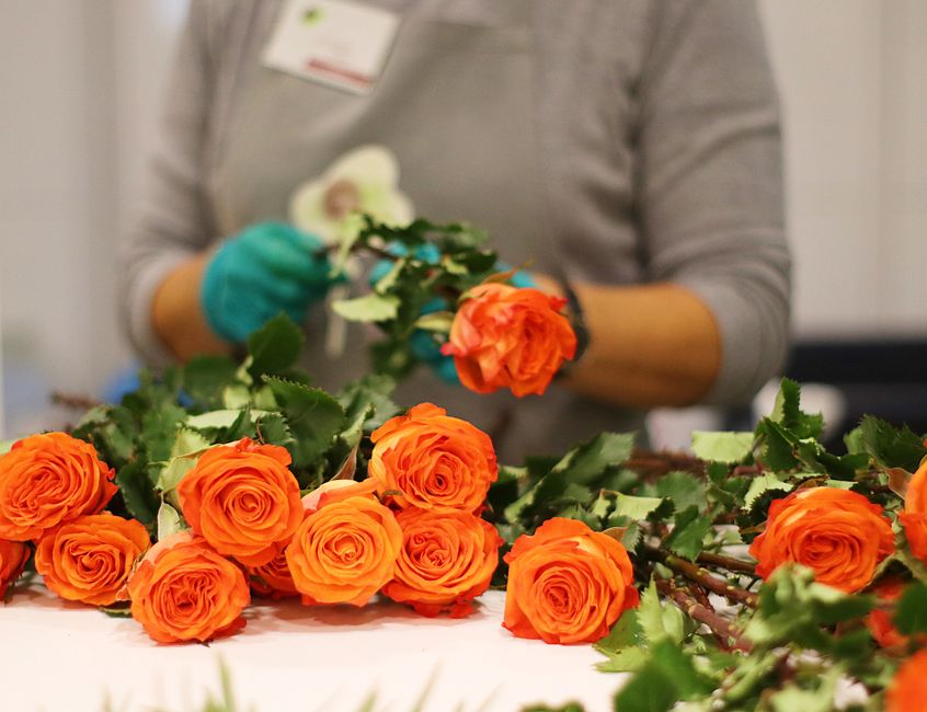 A florist wearing a grey long-sleeve shirt and blue gloves arranging a bouquet of vibrant orange roses, with their stems and green leaves visible on a white table. Several completed bouquets of orange