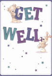 Overflowing with playful optimism, this get well card seems crafted to bring brightness to anyone recovering at home in Pinner or near Eastcote. Two endearing characters-a soft, friendly teddy bear and a floppy-eared pup-gracefully balance and embrace vibrant letters that spell out 'Get Well,' each word bursting forth in deep, gleaming indigo and teal shades. The texture of their fur, lovingly illustrated, beckons the gentle comfort of a familiar embrace, mirroring the personal touch of locally arranged blooms. Scattered stars in blues and purples drift across the creamy-white expanse, their twinkle reminiscent of clear evenings above Pinner Hill. The overall tone is light and caring, instilling hope and reassurance through innocence and gentle joy. It feels as if the card's creators, much like dedicated florists in Pinner, have poured careful thought into every detail to nurture the recipient's well-being. This card is more than a simple greeting-it's a warm, tactile wish for restoration and kindness, thoughtfully designed to deliver a moment of cheer where it's needed most.
